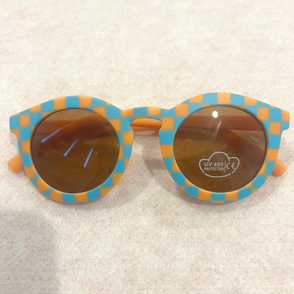 Kids Round Checkered Sunglasses Orange Blue UV400 Protection Retro Shades